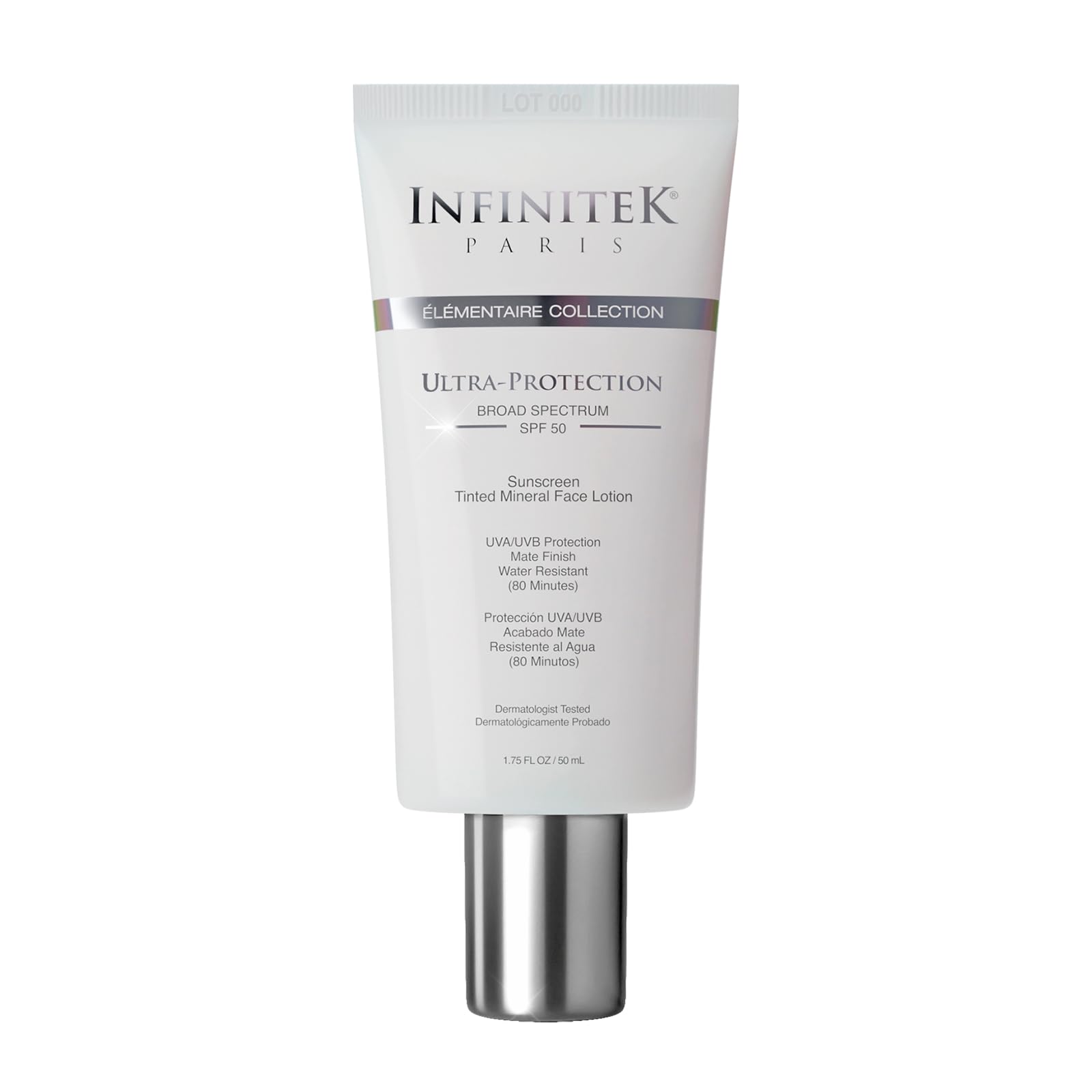 Infinitek Paris Skin Care Face Sunscreen Tinted Mineral Moisturizer Lotion SPF 50, 1.75Fl Oz - UVA/UBV and Blue Light Protection, Matte Finish, Water Resistant, Daily Lightweight Facial Sunblock
