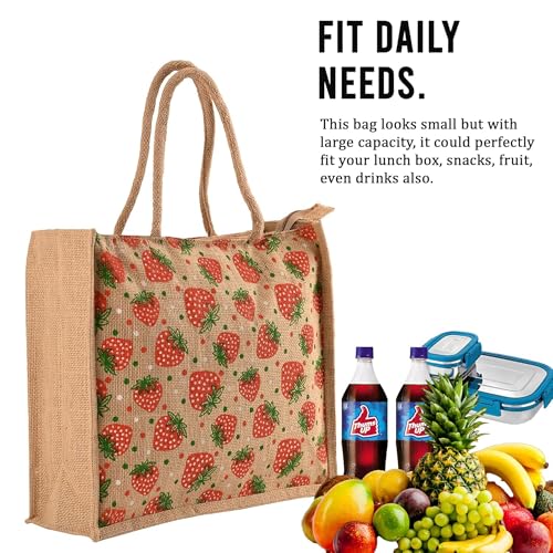 Image of Kuber Industries 2 Pcs Jute Shopping Bag for Women with Handle | Reusable Carry /Shopping Bag for Grocery, fruits & Vegetable | Strawberry Print - Brown