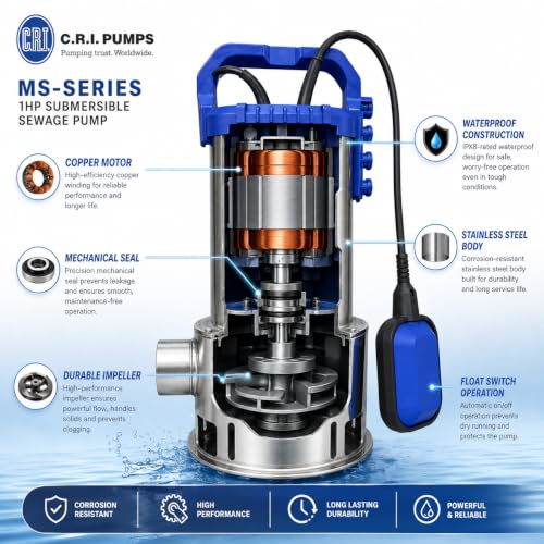 Image of CRI Single Phase MS- Series, 1Hp /750W Submersible Sewage Pump with Float Switch (12000 L /H, Head 8m) I Water Drainage Pump | Water Pump 1hp | 15 Months Warranty