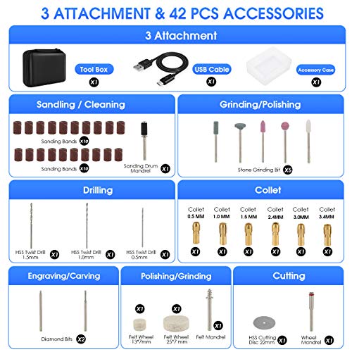 Bywoky Cordless Rotary Tool, 3.7V Li-Ion Mini Power Rotary Tool 5-Speed With 2.0 Ah Battery, Front Led Lights And 42Pcs Accessories Kit For Drilling, Carving, Engraving, Sanding, Polishing And Cutting #TOP2