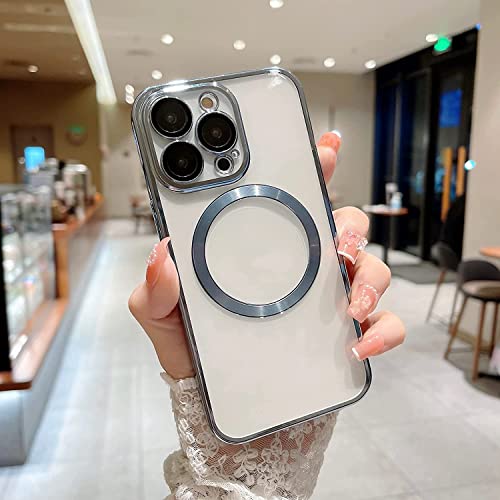 Image of MIDOS Silicone Back Cover Ring Logo Cut For Magsafe Compatible With iPhone 14 Plus Lens Protection Chrome Back Case Cover For-iPhone 14 Plus (2022) 6.7[Silver ]