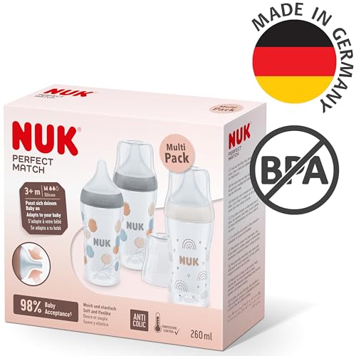 NUK Perfect Match Babyflaschenset | Ab 3 Monate | Passt sich dem Baby an | Temperature Control | Anti-Colic | 260 ml | BPA-frei | Silikontrinksauger, Medium | Regenbogen und Zweig | 3 Stück 6