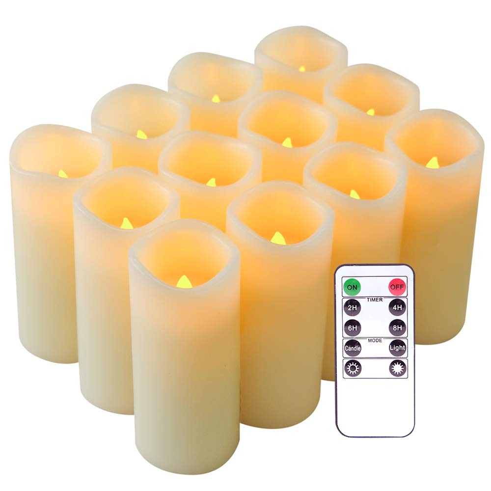 Eldnacele Flameless Candles Flickering Real Wax LED Battery Operated Candles Set of 12(D2.2 X H5) Pillar Candles Ivory Warm Light with Remote Control and Timer for Home and Wedding Decoration