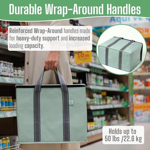 Image of VENO 2 Pack Insulated Grocery Bags, Hard Bottom, Light Green | Heavy Duty, Water-Resistant, Reusable Shopping Bags, Foldable, Zippered, Easy Clean, Food Delivery, Grocery Shopping, Picnic