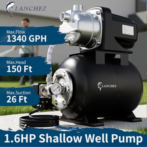 Image of Lanchez 1.6HP Shallow Well Garden Pump, Stainless Steel Irrigation Pump, 1340 GPH, Automatic Water Booster Jet Pump for Home, Garden, Lawn,Irrigation, 115V, Matte black