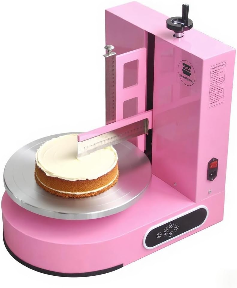 Semi Automatic Birthday Cake Smoothing Coating Machine, AC110V 4-14in Cake Cream Spreading Machine, Cakes Decorating Cream Coating Machines Turntable with Graduated Scraper, Baking Supplies (Pink)