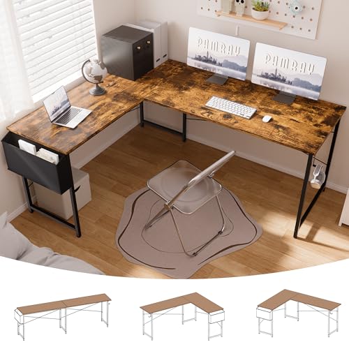 Image of Pamray 64.5 Inch Reversible L Shaped Gaming Desk Large Corner Computer Desk with Storage Bag Home Office Table for Writing Study Vintage