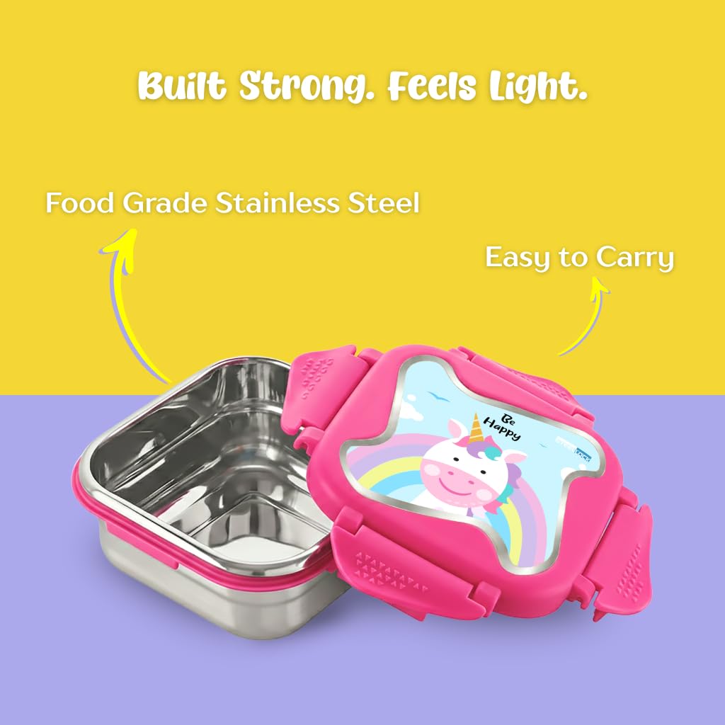 STEELLOCK Smart Kids Stainless Steel Lunch Box, Leakproof & Airtight Tiffin Box for School Boys & Girls, BPA Free Food Grade with 4-Side Clip Lock | 360 ML | Pink, 3D/UV Print Unicorn — Amazon image 3