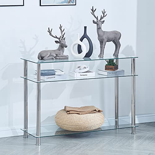 Paonne TS541 Glass Console Table, Living Room Glass Couch Table, Modern Entryway Console Tables With Storage Shelves, 3 Tier Console Table Glass With Silver Legs And Tempered Glass Top thumb #3