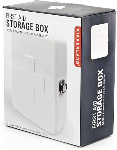 Kikkerland Caja de botiquín de primeros auxilios, estuche organizador portátil multiusos, acero aleado, 6 x 3 x 7.5 pulgadas, color blanco, adecuado