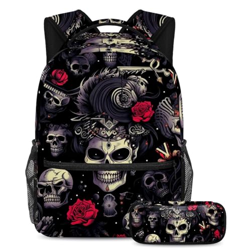 Cartable punk tête de mort multicolore avec trousse et sac pour la rentrée scolaire au collège