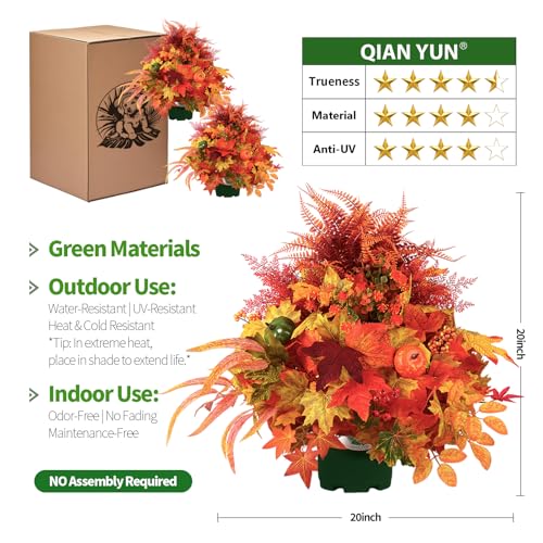 Artificial Fall Flowers for Outdoors – 2PCS 20" Pumpkin & Maple Leaf Potted Plants, Autumn Decorations for Thanksgiving, Halloween & Home Gifts by QIANYUN - Image 3