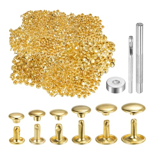 HARFINGTON 300 Sets Leather Rivets 6 Size Metal Double Cap Rivet Snaps Studs Fasteners with 3pcs Setting Tools Rivets for Leather Craft DIY Repair Decoration, Gold Tone