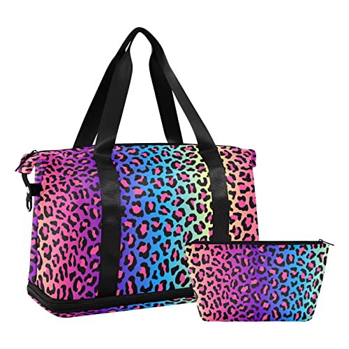Weekender Bag for Women, Rainbow Leopard Cheetah Gym Bag Sports Duffle Bag Travel Tote Bag with Toiletry Bag Shoes Compartment Dry/Wet Separation Swim Bag