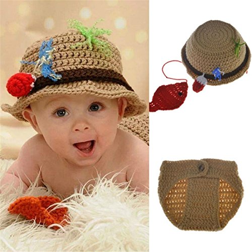 A-Cool Newborn Photography Props Baby Photo Outfits Crochet Fishing Fisherman & Fish Hat Diaper （0-12 Months） #TOP22