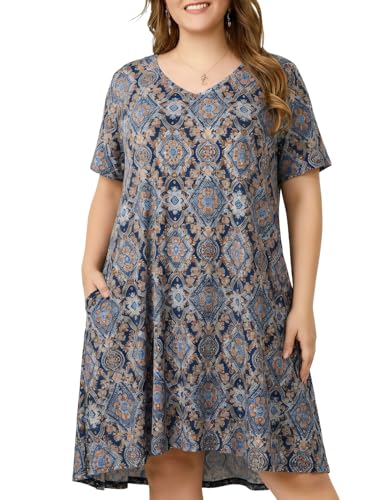 Image of OVERWORETY Womens Short Sleeve Plus Size T-Shirt Dress V Neck Casual Loose Swing A-Line Summer Tunic Dresses with Pockets