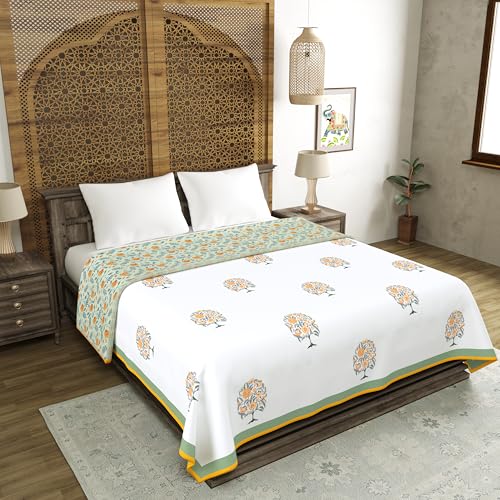 Image of BLOCKS OF INDIA 100% Cotton Dohar King Size Reversible Hand Block Printed Malmal Summer Dohar /Blanket (Green Tree of Life)