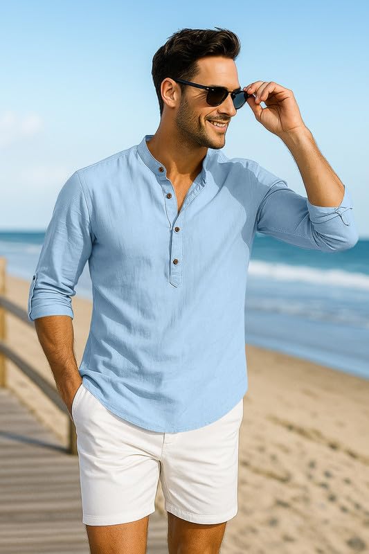 Image of Macsivo Men's Cotton Blend Solid Short Kurta with Mandarin Collared Full Sleeve Drawstring Stylish Straight Length | Kurta for Men Stylish