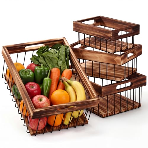 4 Pack Metal Wire Storage Basket, Multiple Sizes Basket with Handles Wooden Top and Bottom Containers Organizer Rustic Farmhouse Decor for Kitchen Cabinets, Bathroom, Pantry, Laundry Room