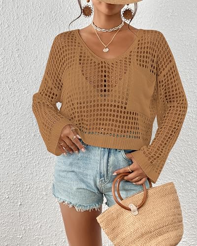 Womens Crochet Crop Top Beach Swimsuit Cover Up Long Sleeve Knit Bathing Suit Cover Ups Camel2