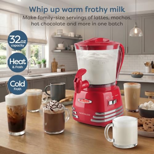 Image of Nostalgia Retro Hot Chocolate Maker & Milk Frother - 4-Cup Capacity, Heat & Froth Setting - For Cappuccinos, Lattes, Cold Drinks - Two-Way Dripless Spout