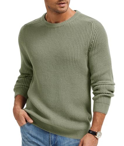 Imuedaen Herren Rundhals Pullover Einfarbig Basic Strickpullover mit Rundhalsausschnitt Grobstrick Pulli Langarm Winterpullover Warm Sweater (Grün, L)