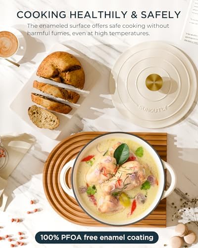 Enameled Cast Iron Dutch Oven - 7.5QT Pot with Lid & Cotton Potholders - Heavy-Duty Cookware for Braising, Stews, Roasting, Bread Baking, Oven Safe up to 500° F & Across All Cooktops, Cream White - Thumbnail 2