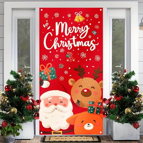 Image of BlissYard Christmas Door Cover Santa Reindeer Dog 35x71 Inch Polyester