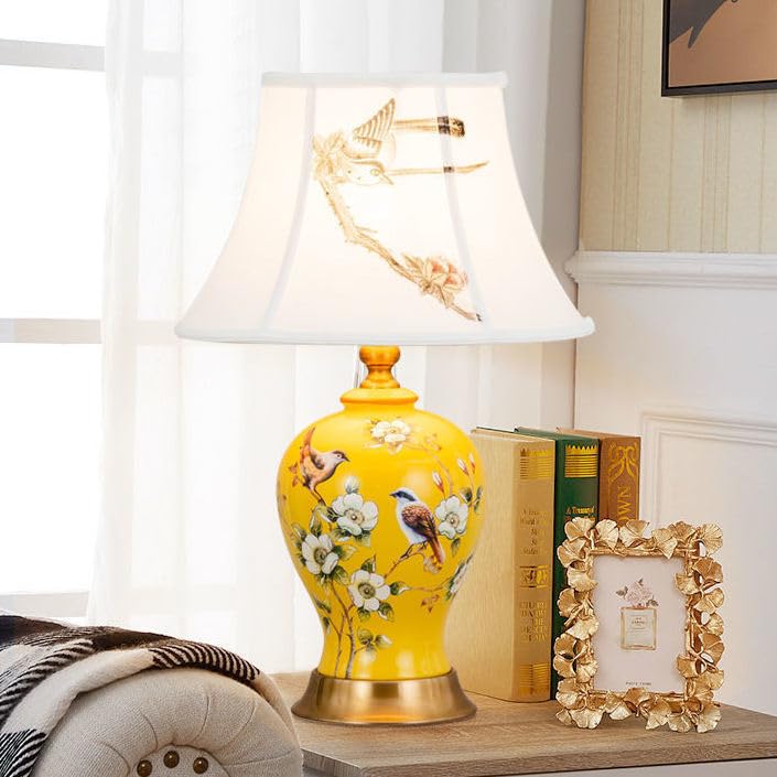 HvKvHvY Vintage Ceramic Table Lamps,E27 Handmade Bedside Lamp Nightstand Lamps, Classic Chinoiserie Green Fabric Desk Lamp for Bedroom Living Room Office(B01)