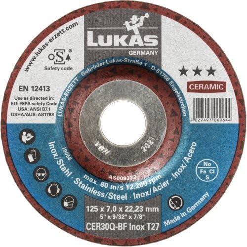 LUKAS ERZETT 10 discos de desbaste T27 para acero inoxidable 125 x 7 mm, para amoladora angular, cerámica, 13,5 x 13 x 10 cm