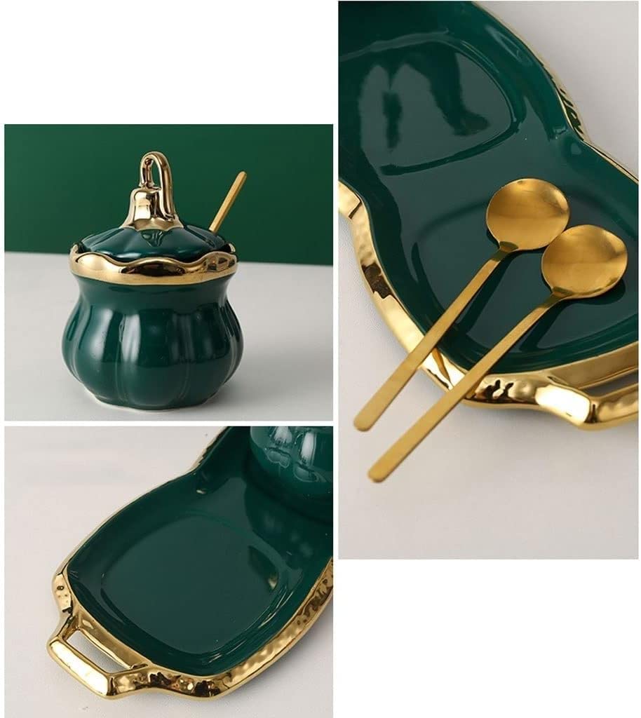 SAeWare Tarro de condimentos, contenedor de especias de cerámica con tapa, cuchara y bandeja, tarro de condimentos, caja de almacenamiento de especias, salero de cocina, encimera de cocina, azul, 3