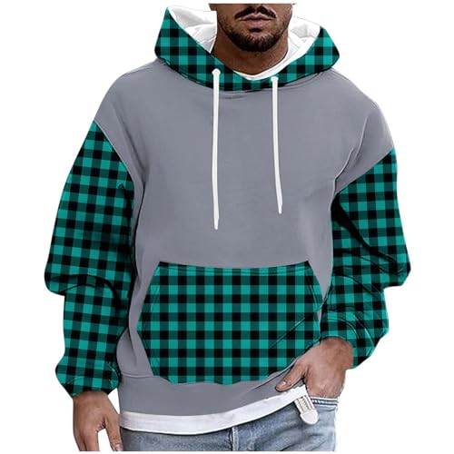 Mens Plaid Color Block Hoodie Fleece Hooded Sweatshirt Big and Tall Casual Hoodies with Front Pocket