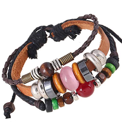 TOMLEE Bohemian Genuine Leather Charm Bracelet for Women Men Vintage Multilayer Adjustable Rope Beaded String Bracelets Handmade Braid Knot Jewelry (D:Beads)
