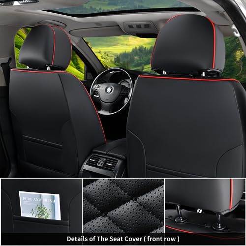 Image of Coverado Seat Covers Full Set, Waterproof Nappa Leather Seat Covers for Cars, 5 Seats Universal Car Seat Protectors, Black Car Seat Covers Car Seat Cushions Fit for Most Cars (Black&Red)