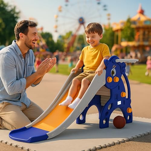 Image of Amazon Brand - Solimo Modern Unicorn Slide-Junior for 2-5 Year Kids| Indoor Outdoor SlideIwith Basketball RingIEasy to CleanIRounded EdgesIEasy AssemblyISmall 42 X 62 X 75cmIBlue&Orange