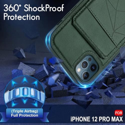 Image of amazon basics Premium Vegan Leather Back Cover with Card Holder and Integrated Mobile Stand for iPhone 12 Pro Max - Slim Shockproof Wallet Case with Geometric Stitching [Green]