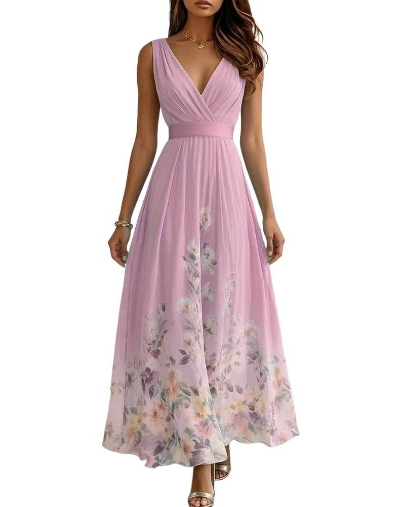 shownicer Vestito Donna Elegante Abito Cerimonia Vestito Lungo Stampa Floreale Senza Maniche Scollo a V Vestiti in Chiffon Estate