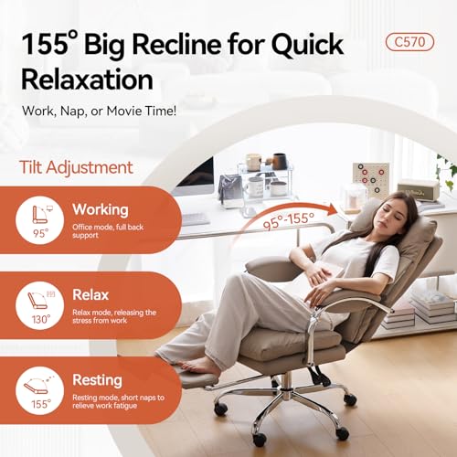 Image of LEAGOO Reclining Office Chair with Foot Rest, Executive Office Chairs with Arms, Ergonomic High Back PU Leather Comfy Swivel Computer Desk Chairs with Wheels and Lumbar Support for Home Office, Khaki