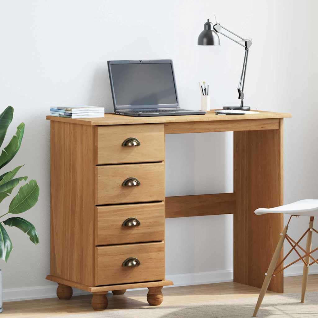 Scrivania ASKIM 95 x 40 x 75 cm, legno massello di pino marrone, 4 cassetti, design moderno, robusto piano di lavoro per casa, ufficio, soggiorno