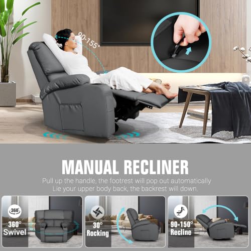 Image of LEVELEVE Rocking Recliner Chair, Massage Rocker Recliner Chair with Vibration Massage and Heat,USB and Type-C Ports, 360 Swivel Faux Leather Chairs, Living Room, Bedroom, Nursery, RV, Dark Grey