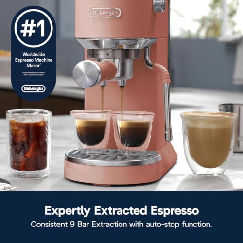 Image of De'Longhi Dedica Duo Cold Brew Espresso Machine with Milk Frother, 15 Bar Pressure, Original Italian Barista Style Coffee Maker, Make Espresso, Latte, Cappuccino & Ice Coffee, Pink, EC890PK