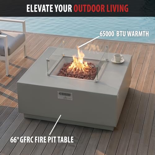 Image of AMS 48 inch Square Concrete GFRC Propane Gas Fire Pit Table Bundle (Light Gray)