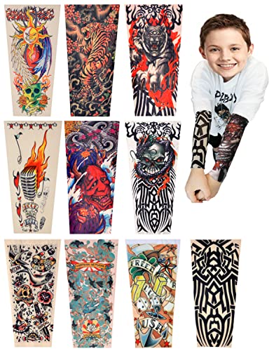 Kids Tattoo Sleeves for Boys Grils, 10 Pcs Temporary Arm Tattoo Sleeves for Children Baby, iToolai Fake Slip On Sunscreen UV Protection Cooling Arms Sleeves