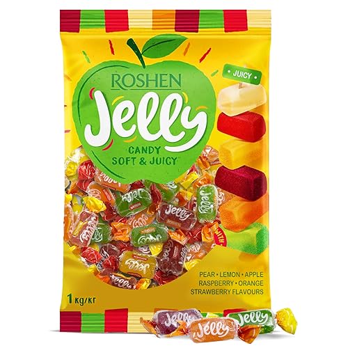 Roshen Jelly Candy, Mixed Fruit, 2.2 lb (1kg) Bulk Pack, Soft Fruit Jellies with Crystalline Sugar in Pear, Apple, Orange, Lemon, Strawberry & Raspberry Flavors, Individually Wrapped Gems, Pectin-Based, Kosher, Halal
