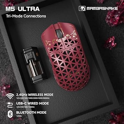 MAMBASNAKE M5 Ultra Carbon Fiber 8KHz Wireless Gaming Mouse,PAW3950MAX Sensor 42K DPI,39g Superlight Tri-Mode 2.4GHz/BT/Wired Computer Mice,Web Driver Support,for Win/Mac/FPS/MOBA/Esports-Red (A)