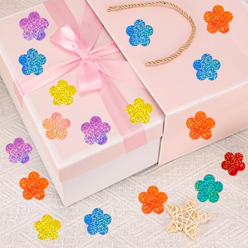 Image of 500Pcs Spring Vinyl Floral Stickers Roll 1in Glitter Stickers 8 Colors Flower Label Tag Self-Adhesive Classroom Reward Waterproof Decals for Envelope Bottle Birthday Party Decor