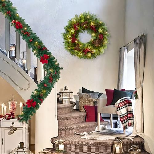 Garvee Christmas Wreath with Lights, 22 Inch Artificial Christmas Wreaths for Front Door, Battery Operated Xmas Wreath with Pine Cone and Berries, Christmas Decorations for Windows, Wall, Mantel
