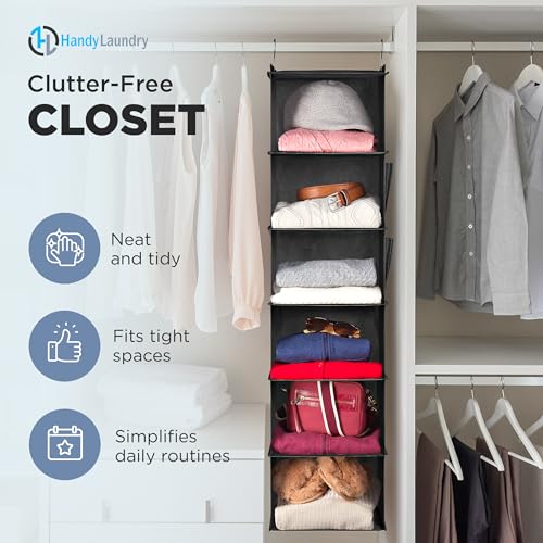 Hanging Closet Organizer - 6 Shelf Storage for Clothes, Sweaters, Shoes & Accessories - Space-Saving Wardrobe Shelves with Hooks for Dorm, RV & Small Closet Organization (Black) - Image 4