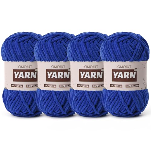 Image of 4 Packs Plush Chenille Chunky Crochet Yarn - Baby Yarn for Crocheting Soft - Velvet Yarns Knitting for Blankets Crafts - Fluffy Amigurumi Yarns 200g /262.5yds (4 Sapphire Blue)