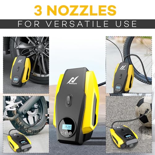 Image of NexLev Tyre Inflator Kit for Car | 150 PSI 12V Air Compressor for Car, Bike & Cycle, 120W Tyre Inflator Pump with Digital Display, Auto Shut-Off, LED Emergency Light, 3m Cord, 3 Nozzles |AER TI-02